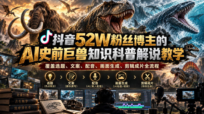 抖音52W粉丝博主的AI史前巨兽知识科普解说教学，覆盖选题、文案、配音、画面生成、剪辑成片全流程-HEIXMI（中国站）