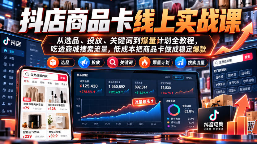 抖店商品卡线上实战课｜从选品、投放、关键词到爆量计划全教程，吃透商城搜索流量，低成本把商品卡做成稳定爆款-HEIXMI（中国站）