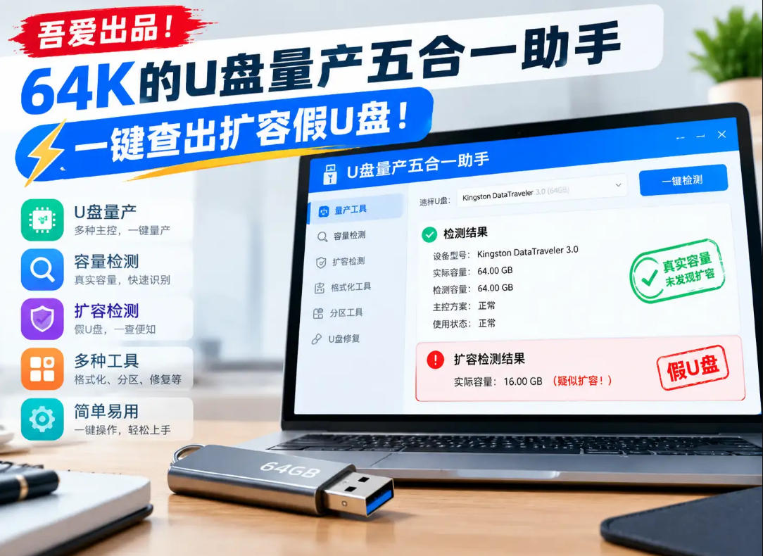 吾爱出品！64K的U盘量产五合一助手，一键查出扩容假U盘！-HEIXMI（中国站）