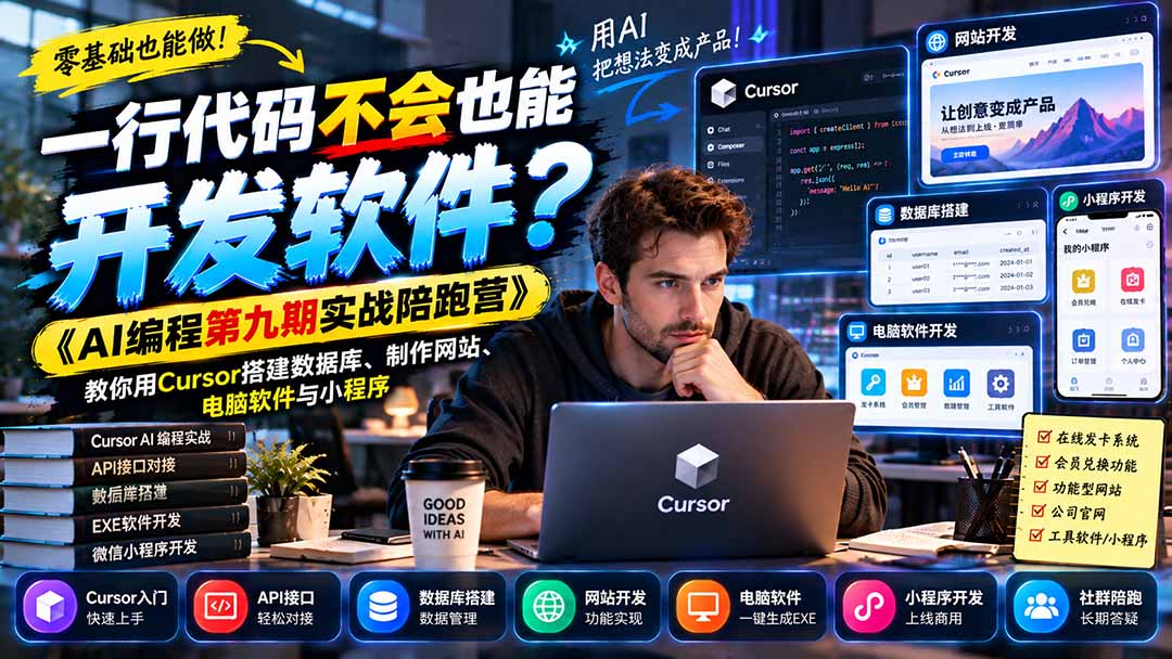 一行代码不会也能开发软件？《AI编程第九期实战陪跑营》教你用Cursor搭建数据库、制作网站、电脑软件与小程序-HEIXMI（中国站）