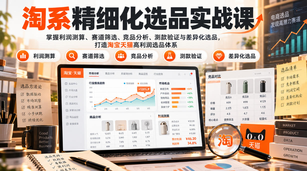 货架电商精细化选品实战课：掌握利润测算、赛道筛选、竞品分析、测款验证与差异化选品，打造淘宝天猫高利润选品体系-HEIXMI（中国站）