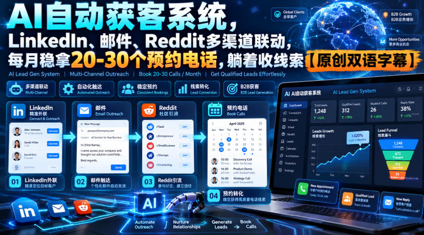 【无水印】AI自动获客系统，LinkedIn、邮件、Reddit多渠道联动，每月稳拿20-30个预约电话，躺着收线索【原创双语字幕】-HEIXMI（中国站）
