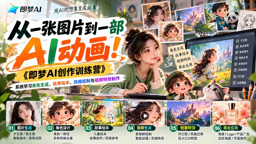 【无水印】从一张图片到一部AI动画！《即梦AI创作训练营》系统学习角色生成、故事绘本、风格控制与视频特效制作-HEIXMI（中国站）