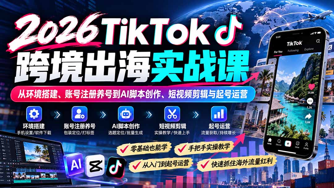 2026TikTok跨境出海实战课：从环境搭建、账号注册养号到AI脚本创作、短视频剪辑与起号运营-HEIXMI（中国站）