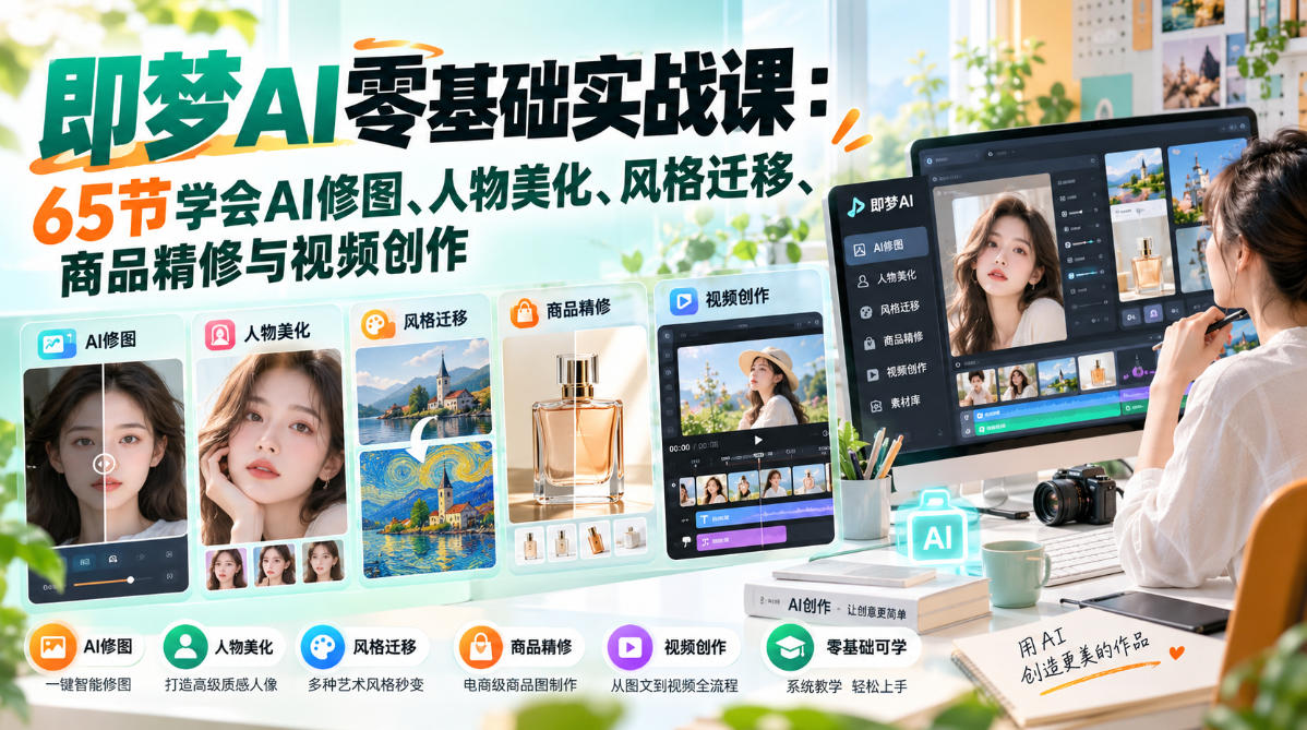 即梦AI零基础实战课：65节学会AI修图、人物美化、风格迁移、商品精修与视频创作-HEIXMI（中国站）
