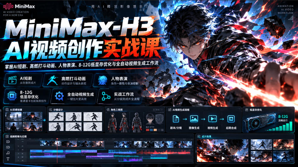 MiniMax-H3 AI视频创作实战课，掌握AI短剧、高燃打斗动画、人物表演、8-12G低显存优化与全自动视频生成工作流-HEIXMI（中国站）