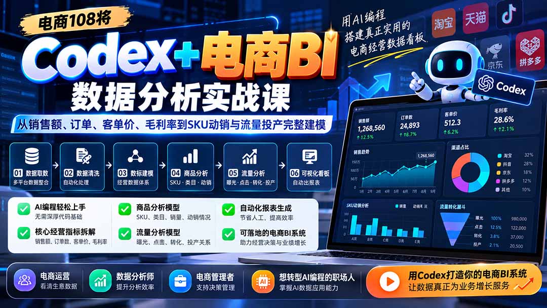 Codex+电商BI数据分析实战课-更新1026：从销售额、订单、客单价、毛利率到SKU动销与流量投产完整建模-HEIXMI（中国站）