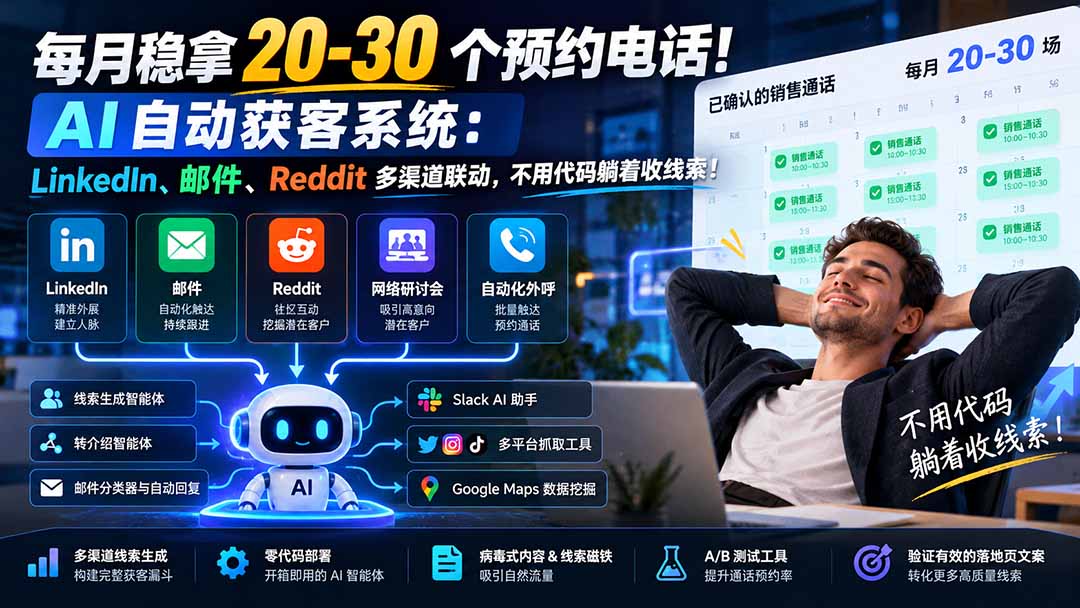 每月稳拿 20-30 个预约电话！AI 自动获客系统：LinkedIn、邮件、Reddit 多渠道联动，不用代码躺着收线索！-HEIXMI（中国站）