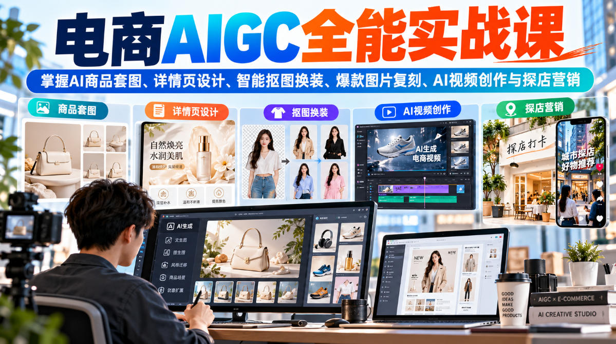 电商AIGC全能实战课：掌握AI商品套图、详情页设计、智能抠图换装、爆款图片复刻、AI视频创作与探店营销-HEIXMI（中国站）