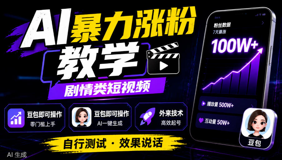 AI暴力涨粉教学，剧情类短视频，豆包即可操作，外来技术，自行测试-HEIXMI（中国站）