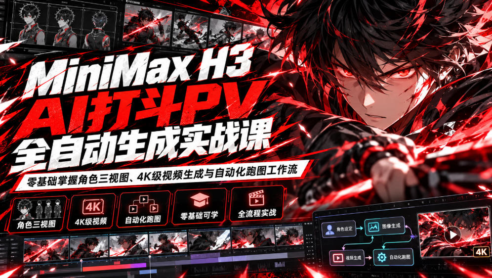 MiniMax H3 AI打斗PV全自动生成实战课：零基础掌握角色三视图、4K级视频生成与自动化跑图工作流-HEIXMI（中国站）