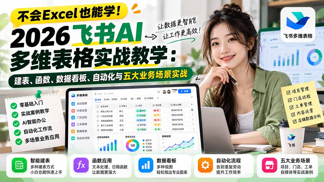 不会Excel也能学！2026飞书AI多维表格实战教学：建表、函数、数据看板、自动化与五大业务场景实战-HEIXMI（中国站）