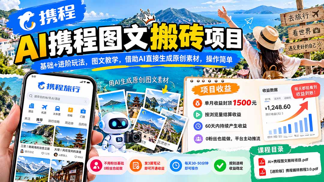 AI携程图文搬砖项目，基础+进阶玩法，图文教学，借助AI直接生成原创素材，操作简单-HEIXMI（中国站）