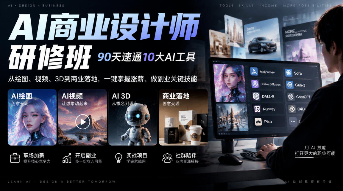 AI商业设计师研修班，90天速通10大AI工具，从绘图、视频、3D到商业落地，一键掌握涨薪、做副业关键技能-HEIXMI（中国站）