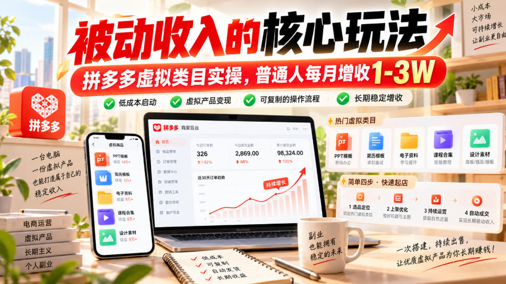 被动收入的核心玩法，拼多多虚拟类目实操，普通人每月增收1-3W【揭秘】-HEIXMI（中国站）