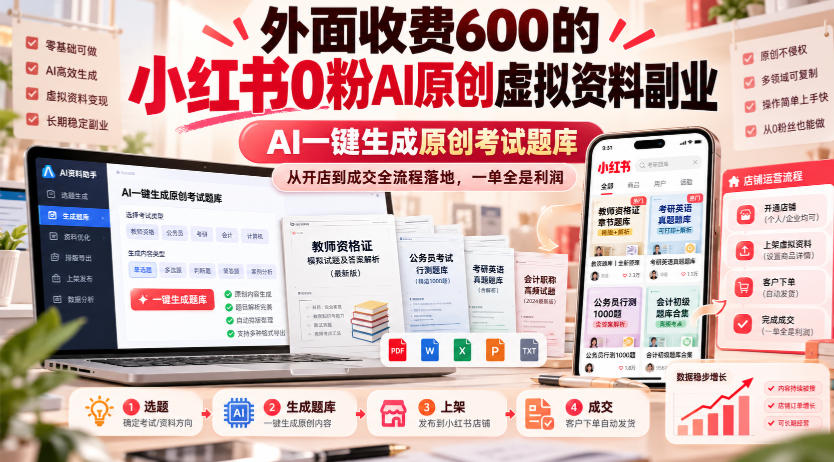 外面收费600的小红书0粉AI原创虚拟资料副业，AI一键生成原创考试题库，从开店到成交全流程落地，一单全是利润-HEIXMI（中国站）