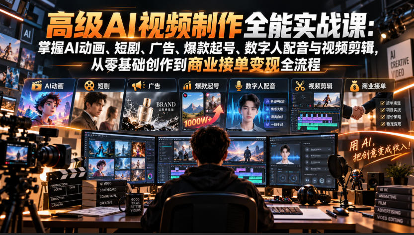 高级AI视频制作全能实战课：掌握AI动画、短剧、广告、爆款起号、数字人配音与视频剪辑，从零基础创作到商业接单变现全流程-HEIXMI（中国站）