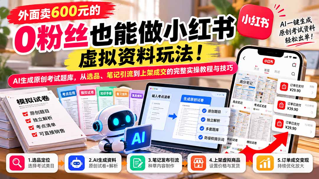 外面卖600元的 零粉丝也能做小红书虚拟资料玩法！AI生成原创考试题库，从选品、笔记引流到上架成交的完整实操教程-HEIXMI（中国站）