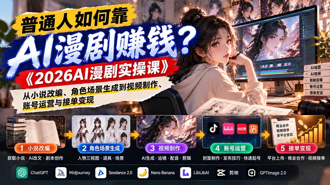 普通人如何靠AI漫剧赚钱？《2026AI漫剧实操课》从小说改编、角色场景生成到视频制作、账号运营与接单变现-HEIXMI（中国站）