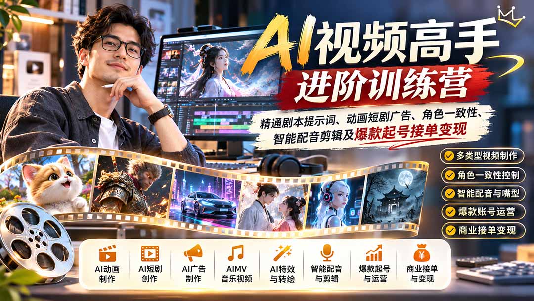 AI视频高手进阶训练营：精通剧本提示词、动画短剧广告、角色一致性、智能配音剪辑及爆款起号接单变现-HEIXMI（中国站）
