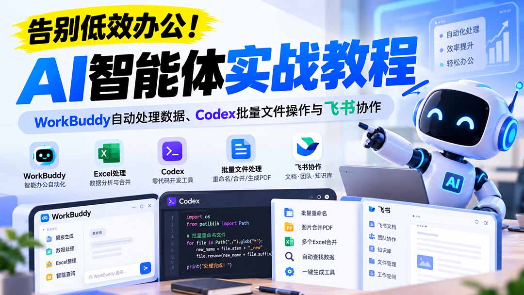 【无水印】告别低效办公！《AI智能体实战教程》WorkBuddy自动处理数据、Codex批量文件操作与飞书协作-HEIXMI（中国站）