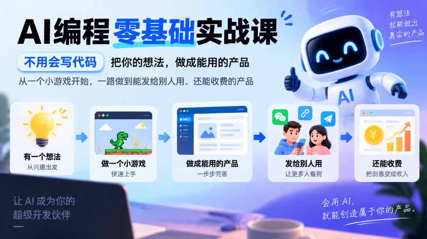 AI编程零基础实战课，不用会写代码，把你的想法，做成能用的产品，从一个小游戏开始，一路做到能发给别人用、还能收费的产品-HEIXMI（中国站）