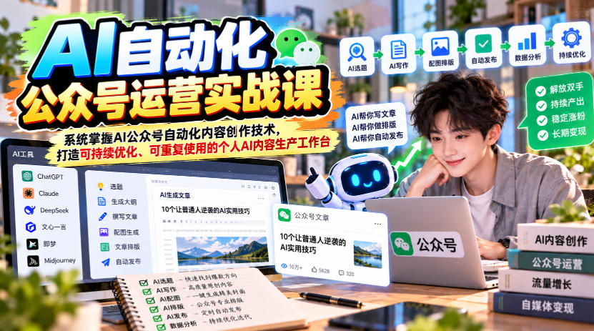AI自动化公众号运营实战课，系统掌握AI公众号自动化内容创作技术，打造可持续优化、可重复使用的个人AI内容生产工作台-HEIXMI（中国站）