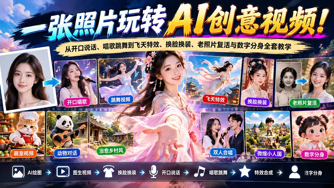一张照片玩转AI创意视频！从开口说话、唱歌跳舞到飞天特效、换脸换装、老照片复活与数字分身全套教学-HEIXMI（中国站）