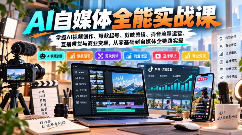 【无水印】AI自媒体全能实战课，掌握AI视频创作、爆款起号、剪映剪辑、抖音流量运营、直播带货与商业变现，从零基础到自媒体全链路实操-HEIXMI（中国站）