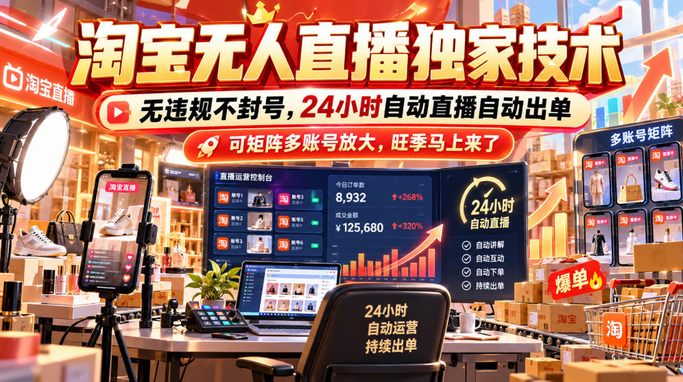 淘宝无人直播独家技术，无违规不封号，24小时自动直播自动出单，可矩阵多账号放大，旺季马上来了【揭秘】-HEIXMI（中国站）