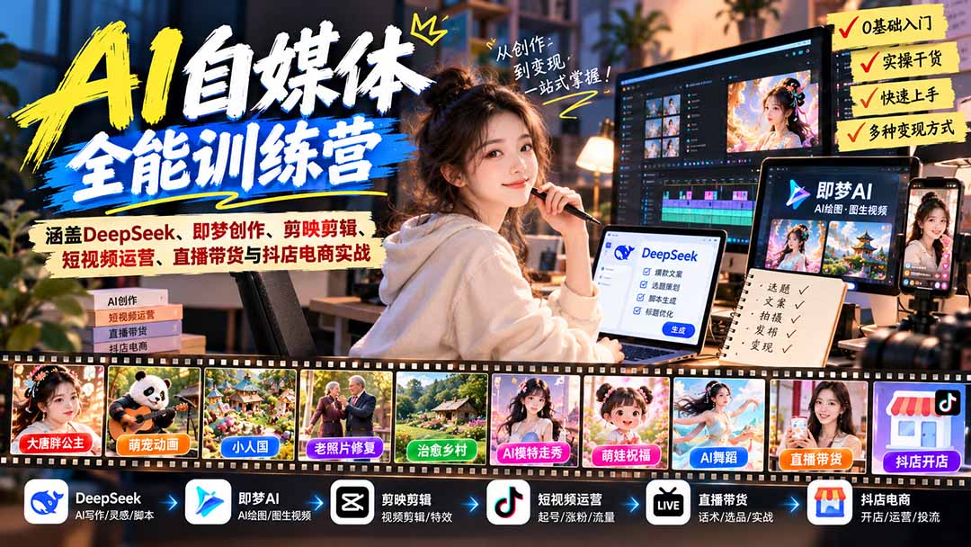 【无水印】AI+自媒体全能训练营：涵盖DeepSeek、即梦创作、剪映剪辑、短视频运营、直播带货与抖店电商实战-HEIXMI（中国站）