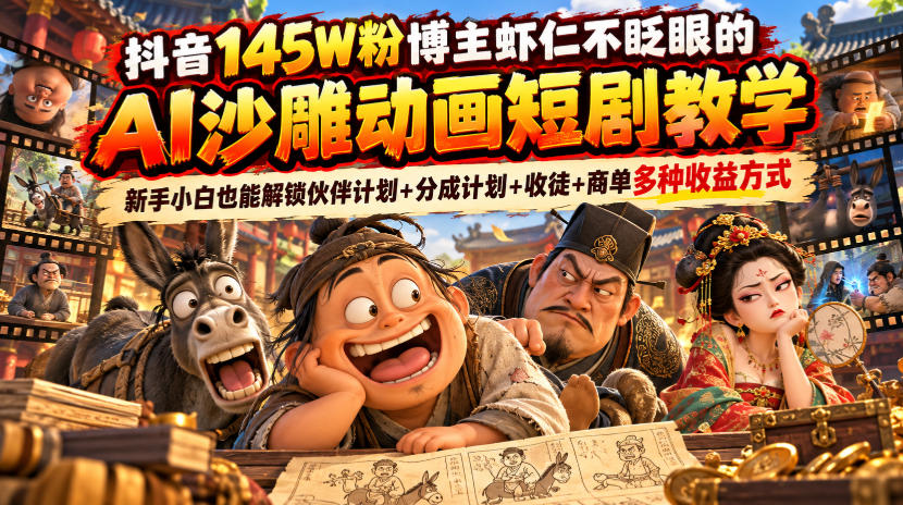 抖音145W粉博主虾仁不眨眼的AI沙雕动画短剧教学，新手小白也能解锁伙伴计划+分成计划+收徒+商单多种收益方式-HEIXMI（中国站）