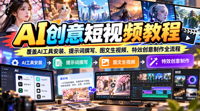 AI创意短视频教程，覆盖AI工具安装、提示词撰写、图文生视频、特效创意制作全流程-HEIXMI（中国站）