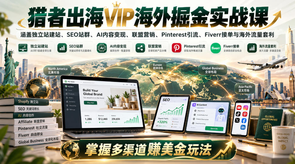 猎者出海VIP海外掘金实战课：涵盖独立站、SEO站群、AI变现、联盟营销、Pinterest引流、Fiverr接单与海外流量套利，掌握多渠道賺美金玩法-HEIXMI（中国站）