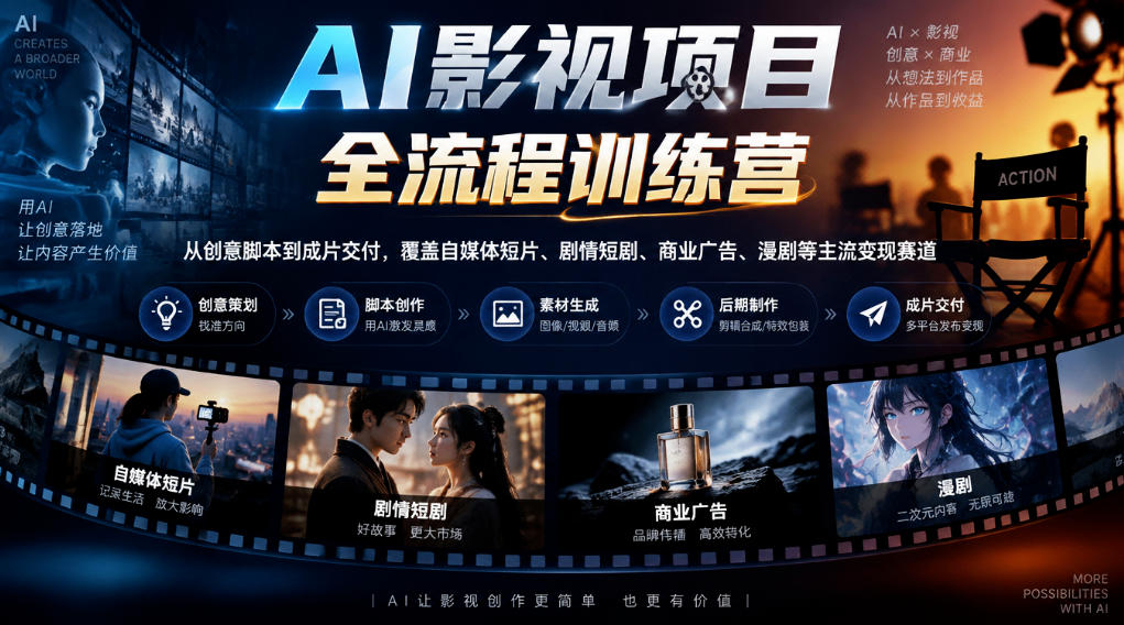 AI影视项目全流程训练营，从创意脚本到成片交付，覆盖自媒体短片、剧情短剧、商业广告、漫剧等主流变现赛道-HEIXMI（中国站）