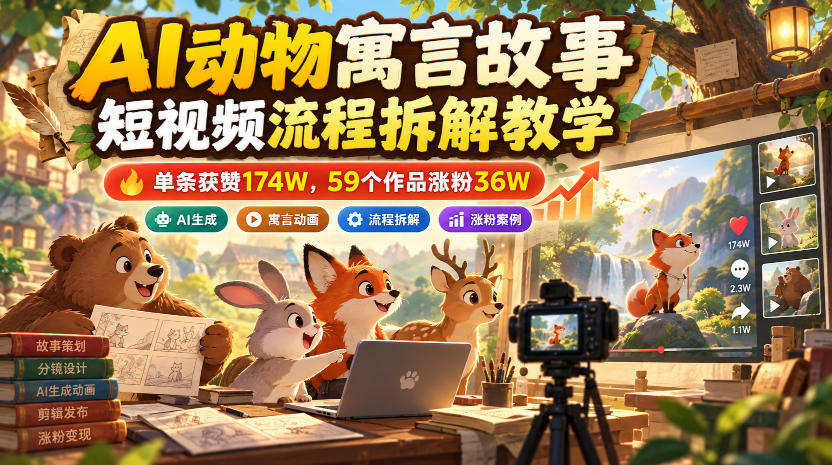AI动物寓言故事短视频流程拆解教学,单条获赞174W,59个作品涨粉36W