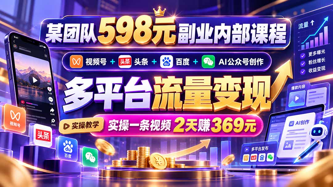 某团队598元副业内部课程：视频号+头条+百度+AI公众号创作、多平台流量变现，实操一条视频2天赚369元-HEIXMI（中国站）