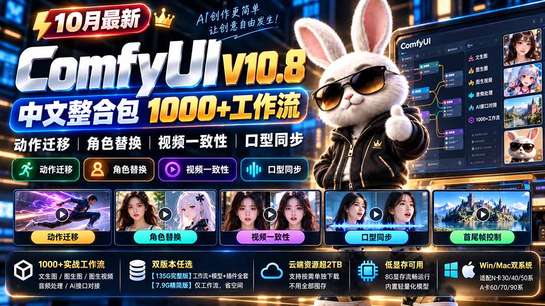 10月最新ComfyUI V10.8中文整合包 1000+工作流 动作迁移 角色替换 视频一致性 口型同步 低显存可用-HEIXMI（中国站）