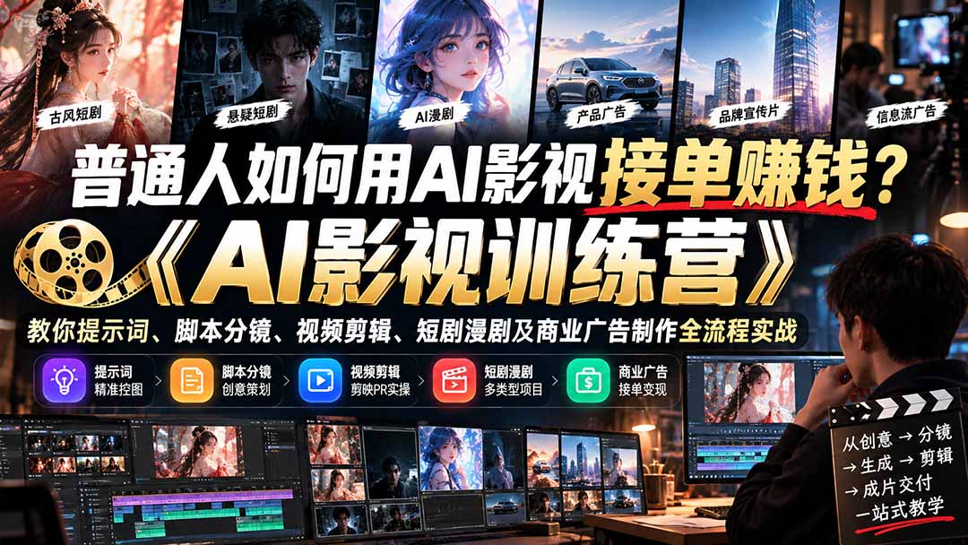 普通人如何用AI影视接单赚钱？《AI影视训练营》教你提示词、脚本分镜、视频剪辑、短剧漫剧及商业广告制作全流程实战-HEIXMI（中国站）