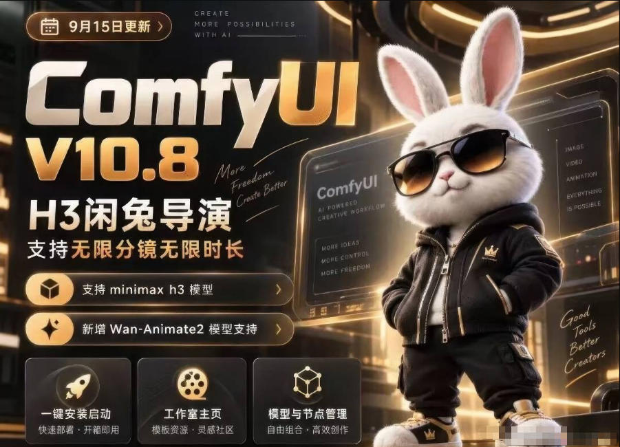 ComfyUI V10.8中文整合包，H3闲兔导演，支持无限分镜无限时长，1000+工作流，动作迁移，角色替换，视频一致性，口型同步，低显存可用-HEIXMI（中国站）