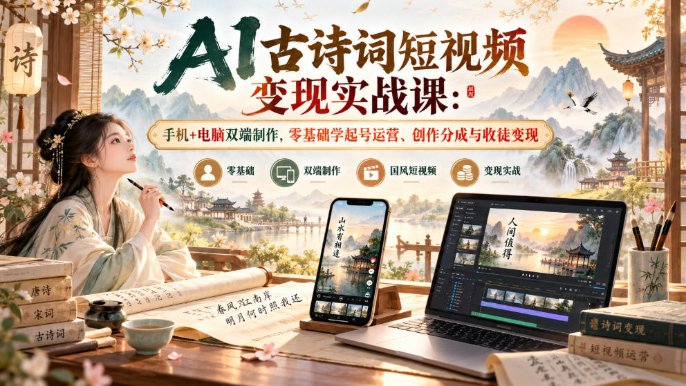 AI古诗词短视频变现实战课：手机+电脑双端制作，零基础学起号运营、创作分成与收徒变现-HEIXMI（中国站）