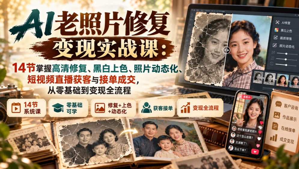 AI老照片修复变现实战课：14节掌握高清修复、黑白上色、照片动态化、短视频直播获客与接单成交，从零基础到变现全流程-HEIXMI（中国站）