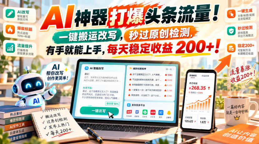 AI神器打爆头条流量，一键搬运改写，秒过原创检测，有手就能上手，每天稳定收益200+！【揭秘】-HEIXMI（中国站）