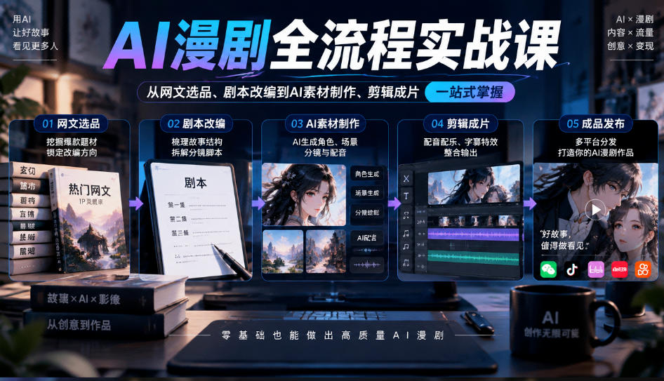 AI漫剧全流程实战课，覆盖从网文选品、剧本改编到AI素材制作、剪辑成片的完整链路-HEIXMI（中国站）
