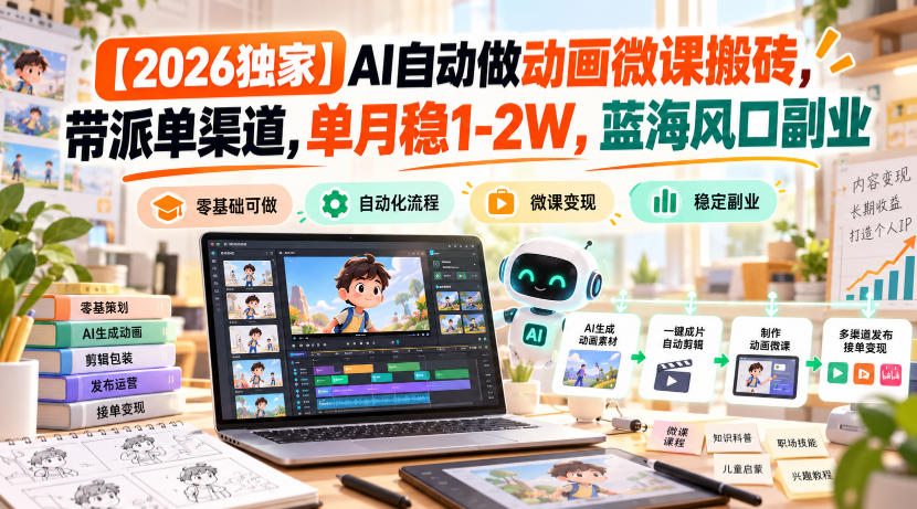 【2026独家】AI自动做动画微课搬砖，带派单渠道，单月稳1-2W，蓝海风口副业【揭秘】-HEIXMI（中国站）