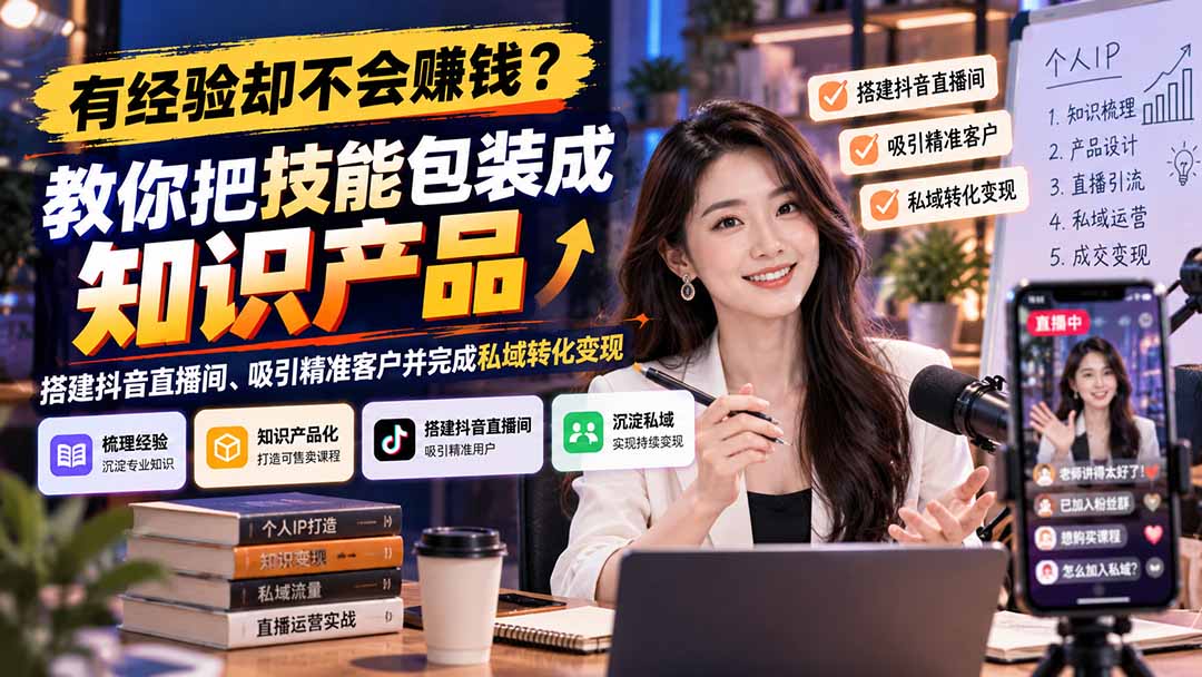 有经验却不会赚钱？教你把技能包装成知识产品，搭建抖音直播间、吸引精准客户并完成私域转化变现-HEIXMI（中国站）