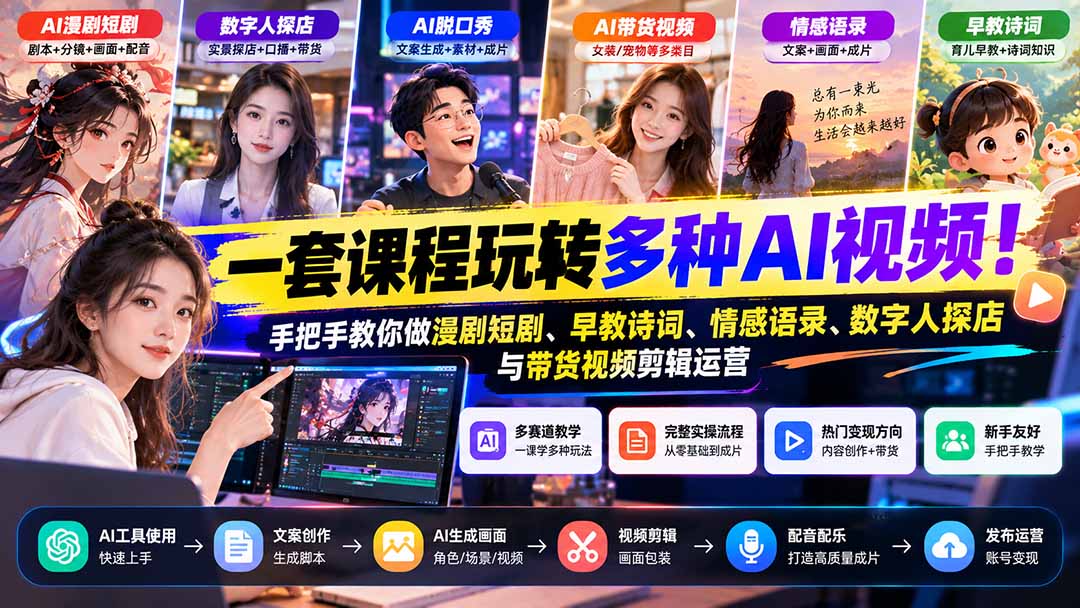【无水印】一套课程玩转多种AI视频！手把手教你做漫剧短剧、早教诗词、情感语录、数字人探店与带货视频剪辑运营-HEIXMI（中国站）