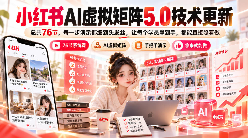 小红书AI虚拟矩阵5.0技术更新，总共76节，每一步演示都细到头发丝，让每个学员拿到手，都能直接照着做-HEIXMI（中国站）