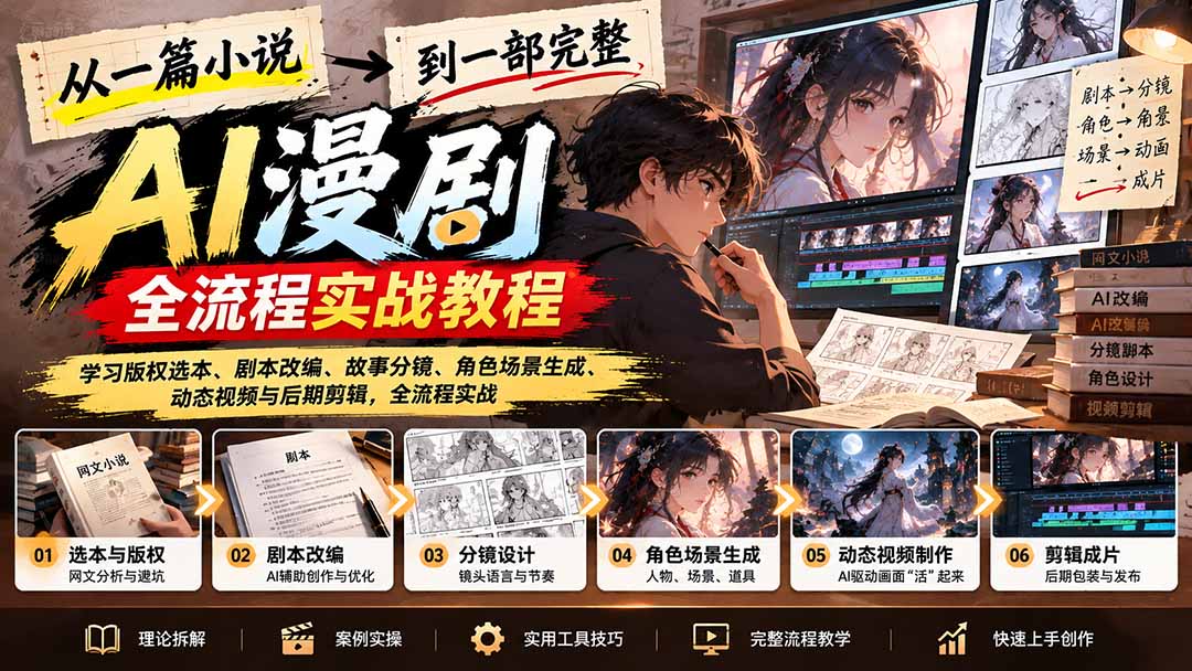 从一篇小说到一部完整AI漫剧：学习版权选本、剧本改编、故事分镜、角色场景生成、动态视频与后期剪辑-HEIXMI（中国站）