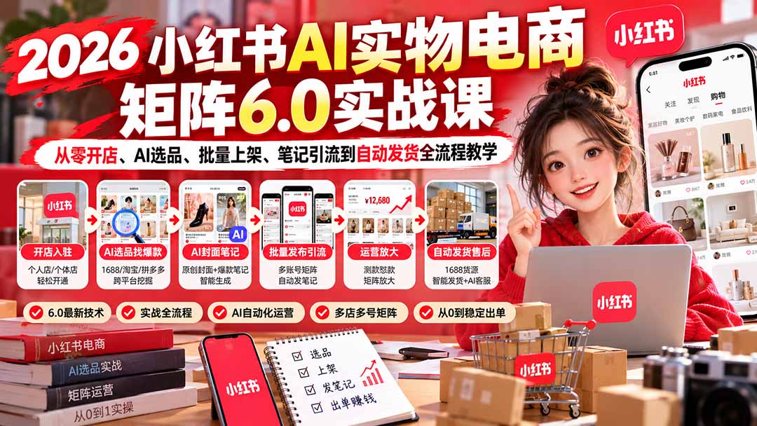 2026小红书AI实物电商矩阵6.0实战课：从零开店、AI选品、批量上架、笔记引流到自动发货全流程教学-HEIXMI（中国站）